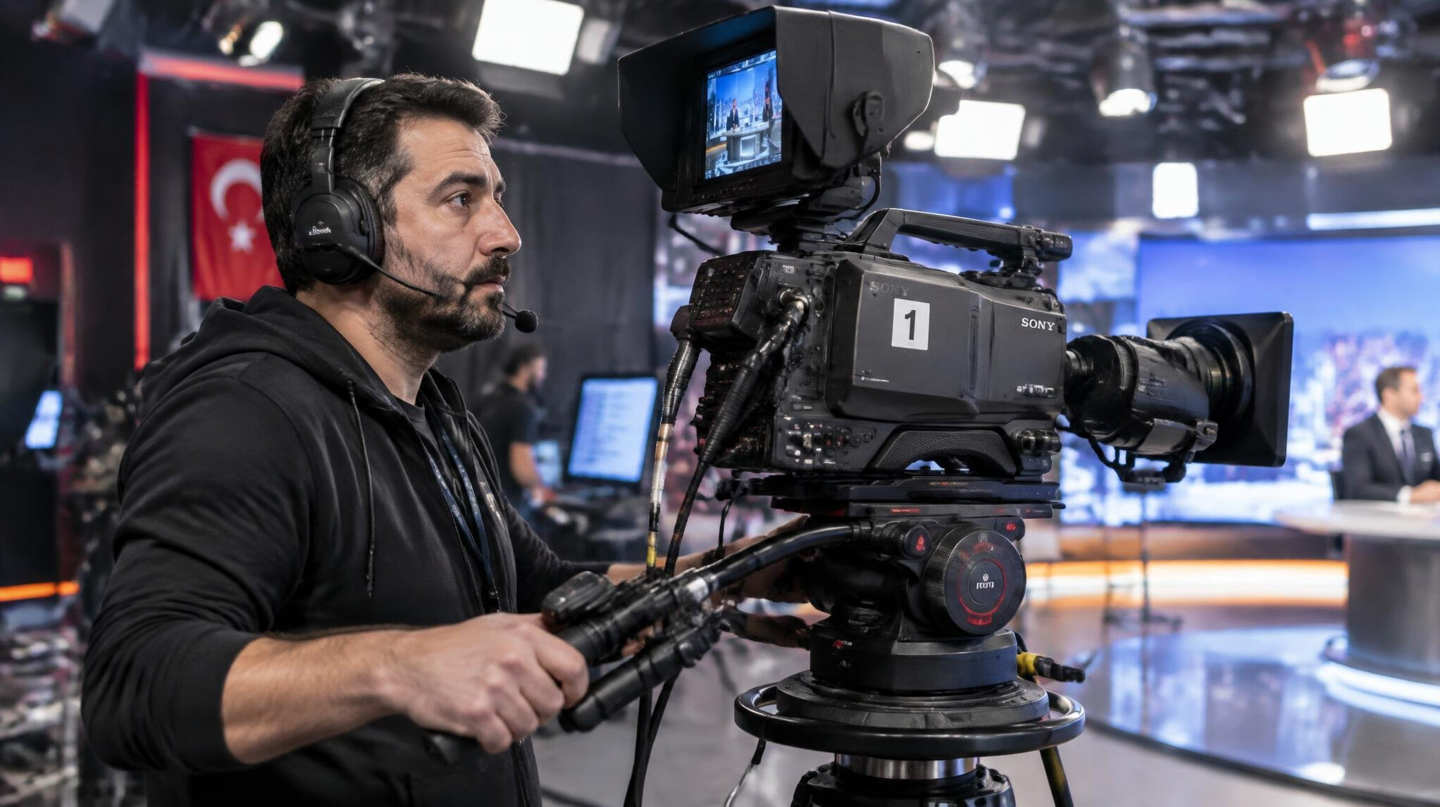 Broadcast camera operator filming during a live television production