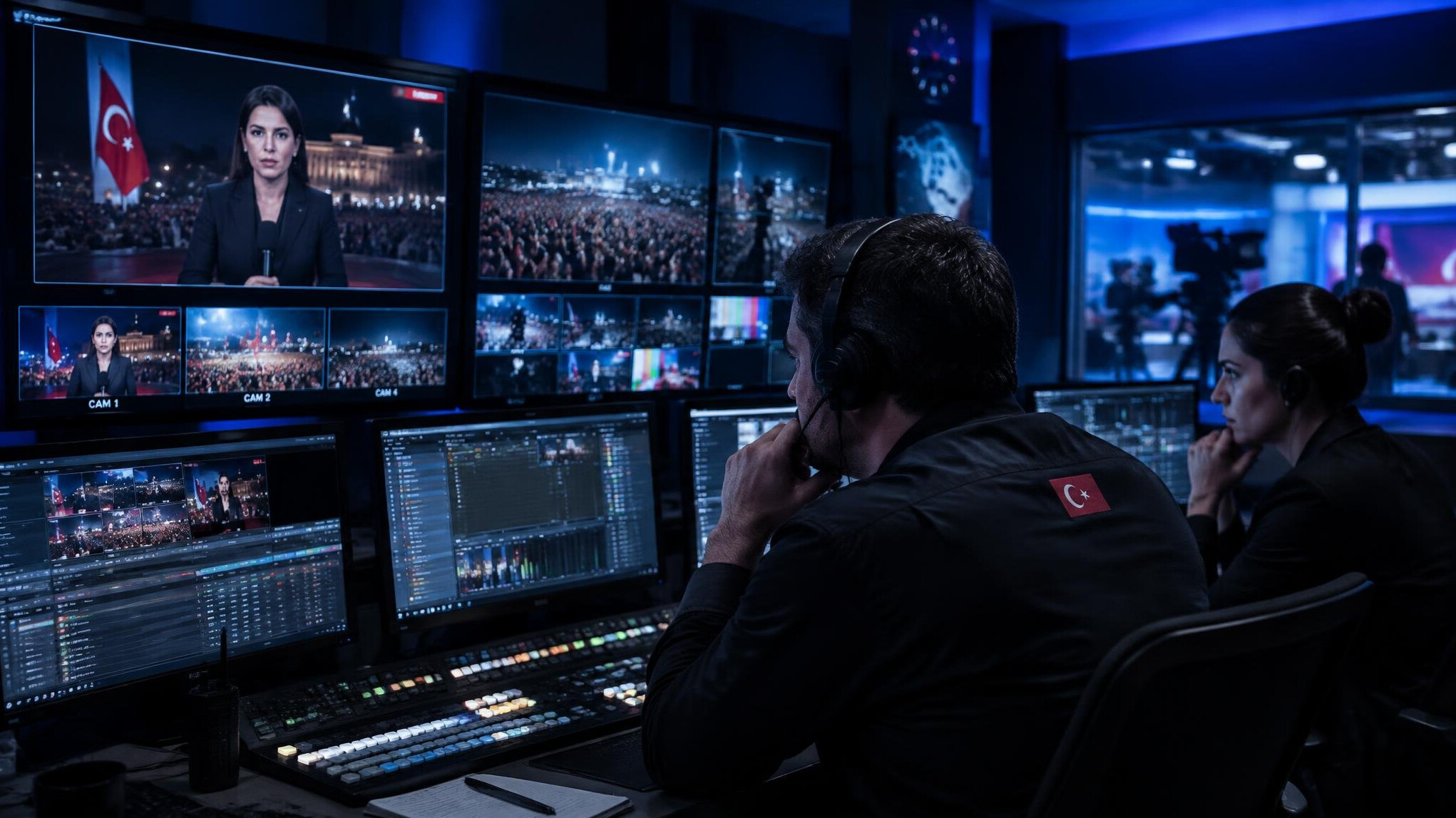 Television control room with multiple broadcast monitors during a live transmission