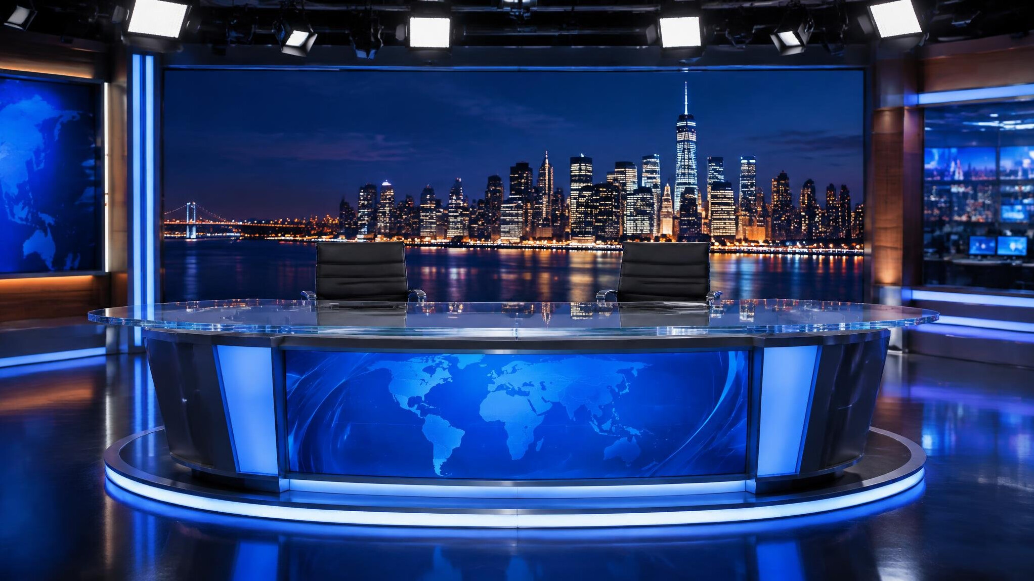 Television anchor desk illuminated during a live evening news broadcast